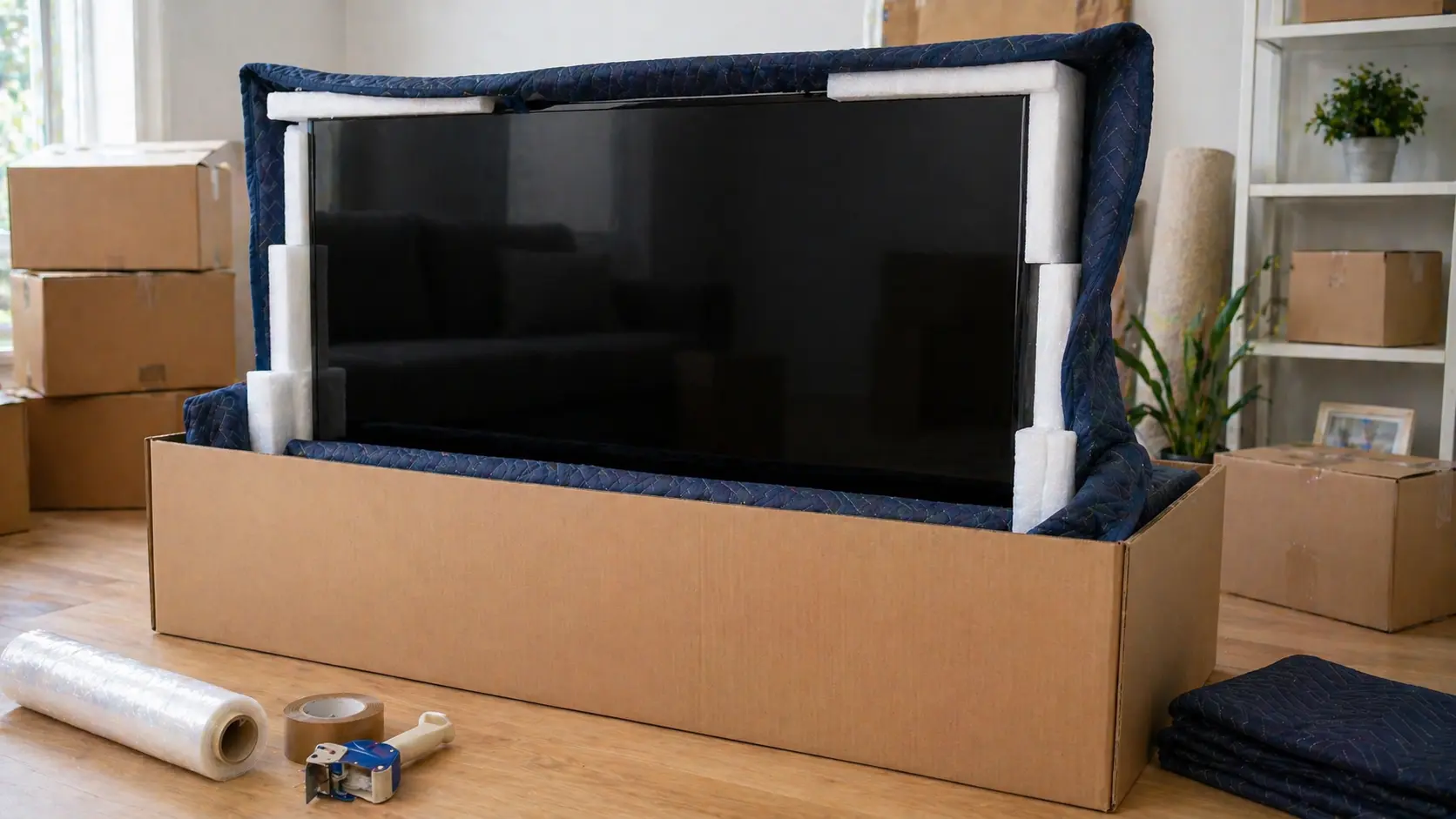 Fernseher sicher verpackt in Karton für den Umzug