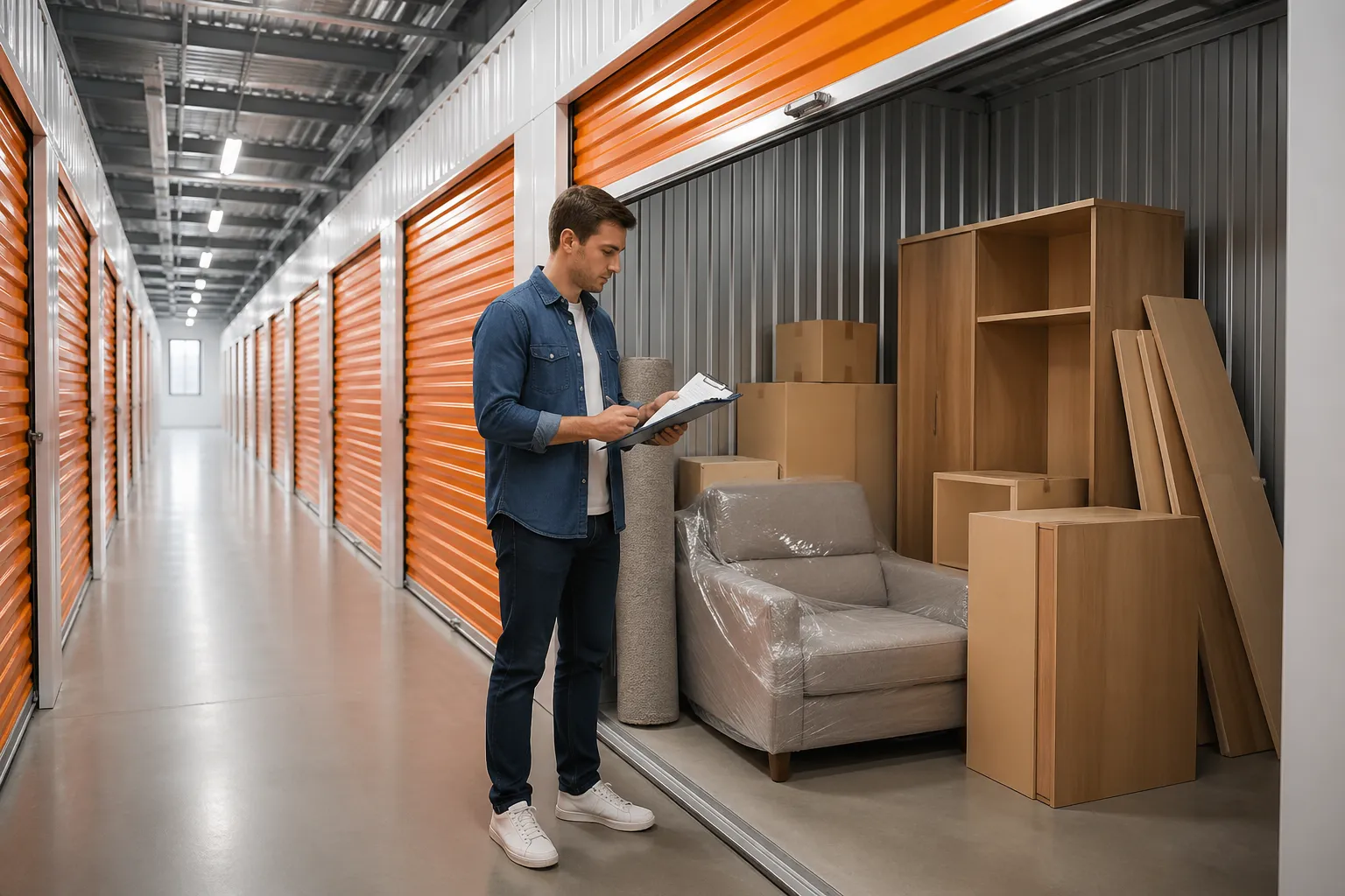 Möbel einlagern in einem Self-Storage-Lager: offene Lagerbox mit Haushaltsmöbeln und einer Person mit Klemmbrett