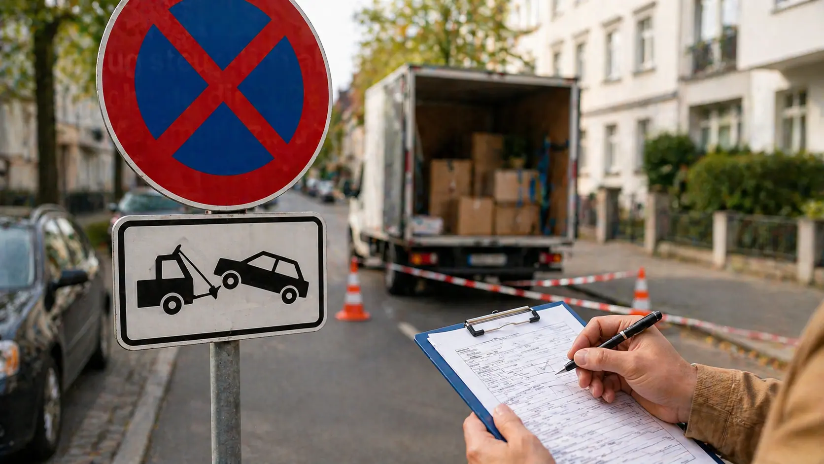 Ein Parkverbotsschild vor einem Umzugs-LKW