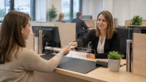 Frauen beim Einwohnermeldeamt. Übergabe des neuen Ausweises nach der Ummeldung.