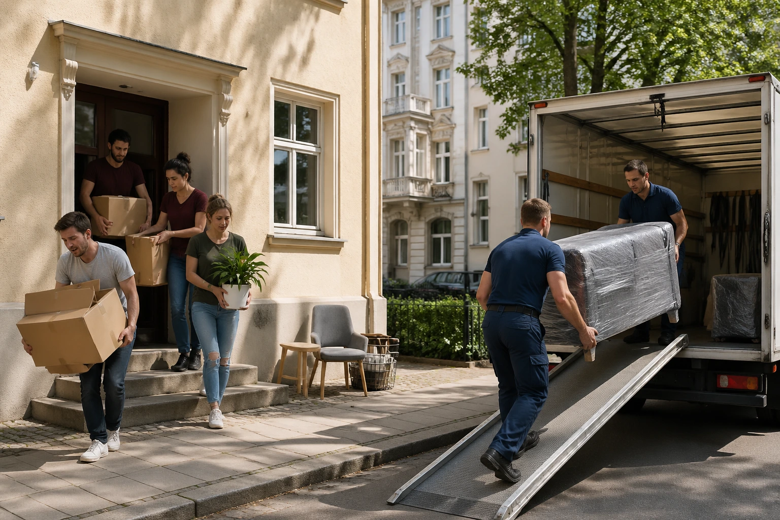 Vergleich Eigenumzug vs. Umzugsfirma: Freunde tragen Kartons selbst, während professionelle Umzugshelfer Möbel in einen Transporter laden