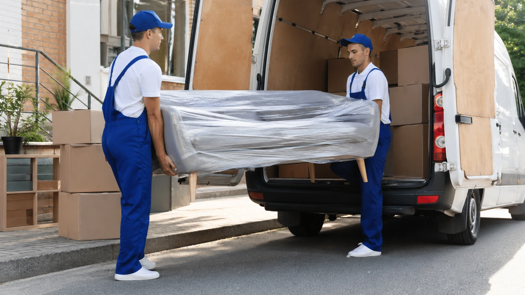 Umzugshelfer tragen ein Sofa in den Transporter.