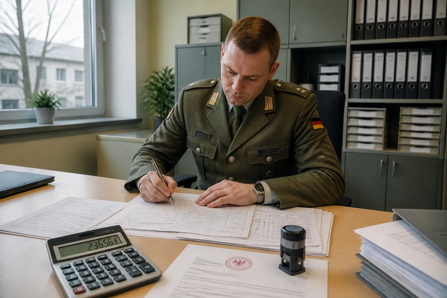 Bundeswehr-Soldat in Uniform beim Ausfüllen eines Antrags auf Umzugskostenerstattung am Schreibtisch einer Militärverwaltung