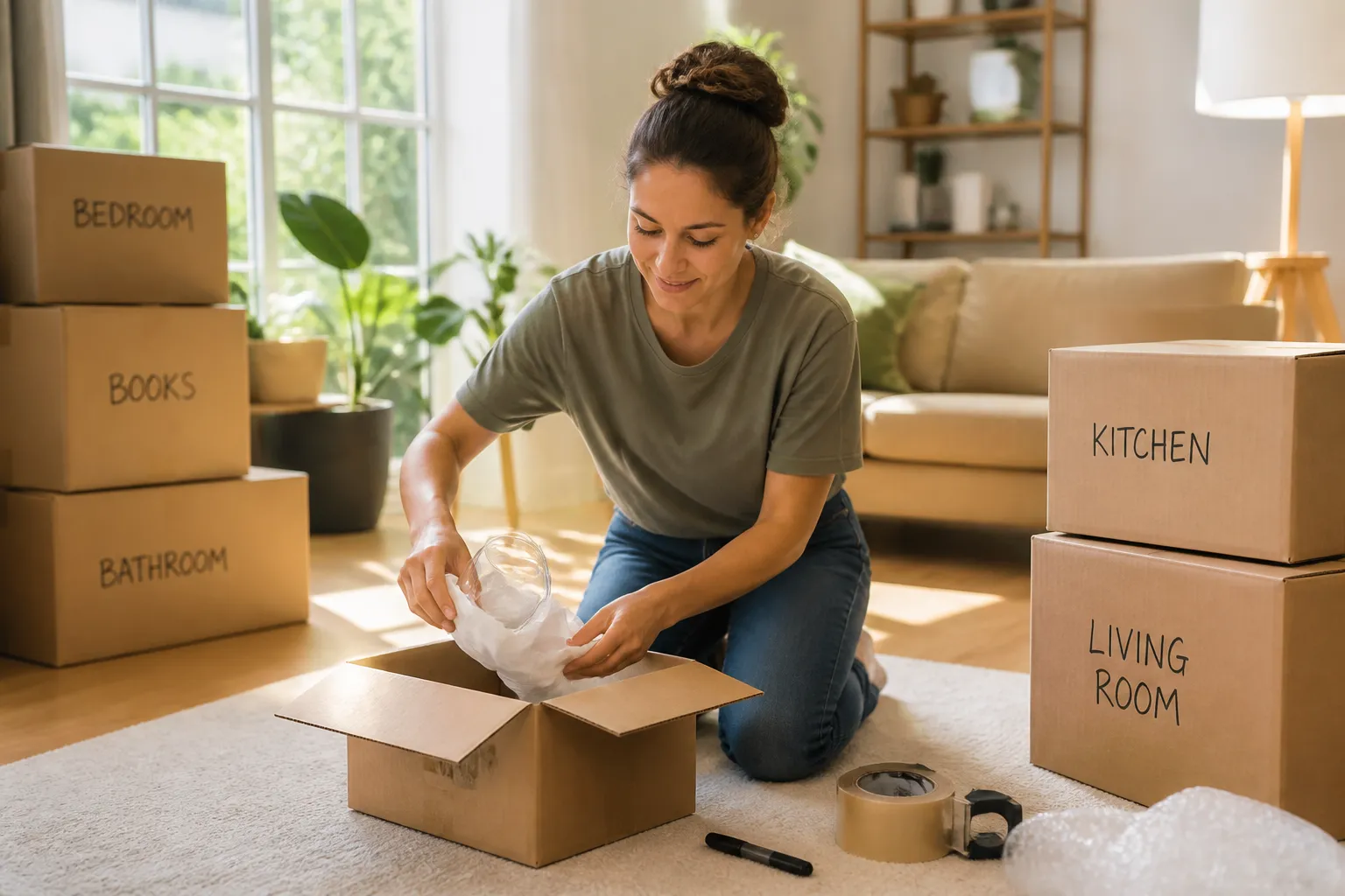 Frau packt Umzugskartons richtig: Glas einwickeln, Karton beschriften, Packmaterial bereit