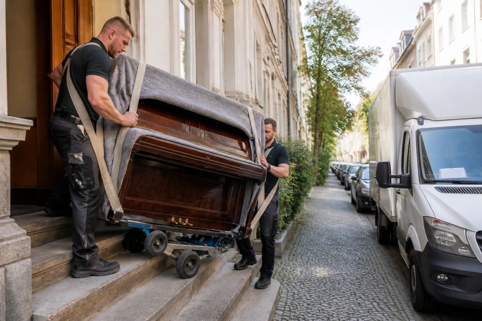 Zwei Klavierspediteure transportieren ein Klavier mit Spezialausrüstung aus einem Wohnhaus – Klaviertransport Kosten im Praxisbeispiel