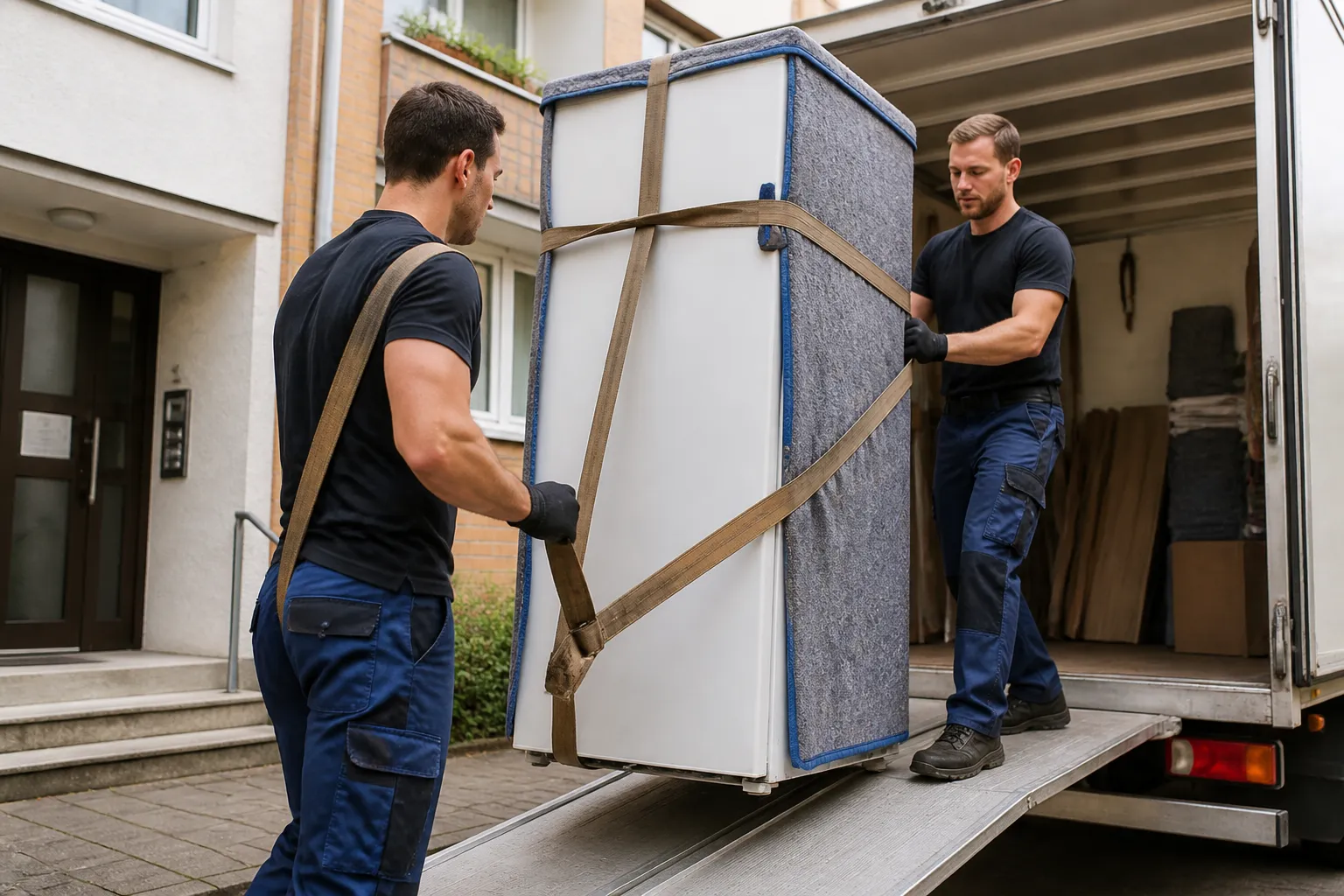 Zwei Umzugshelfer tragen einen gesicherten Kühlschrank stehend auf einer Rampe aus einem Umzugstransporter