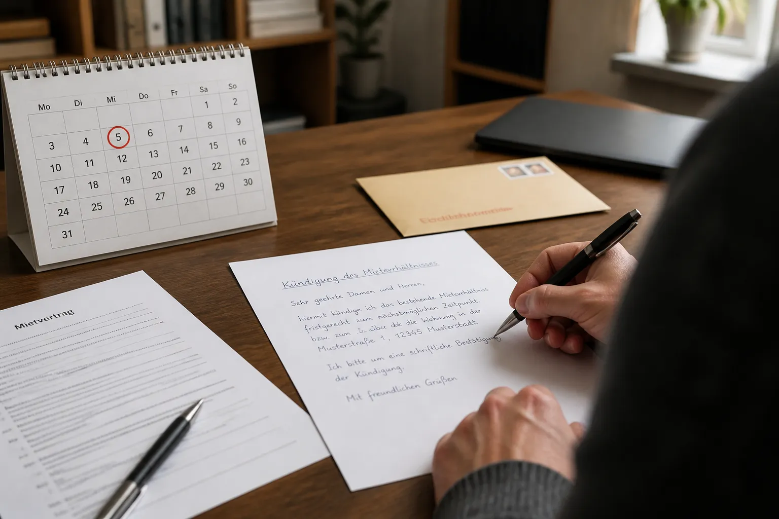 Person schreibt Kündigungsschreiben für Mietwohnung am Schreibtisch mit Kalender und Briefumschlag