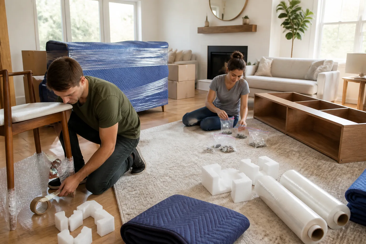 Zwei Personen verpacken Möbel mit Umzugsdecken und Stretchfolie für den Umzug