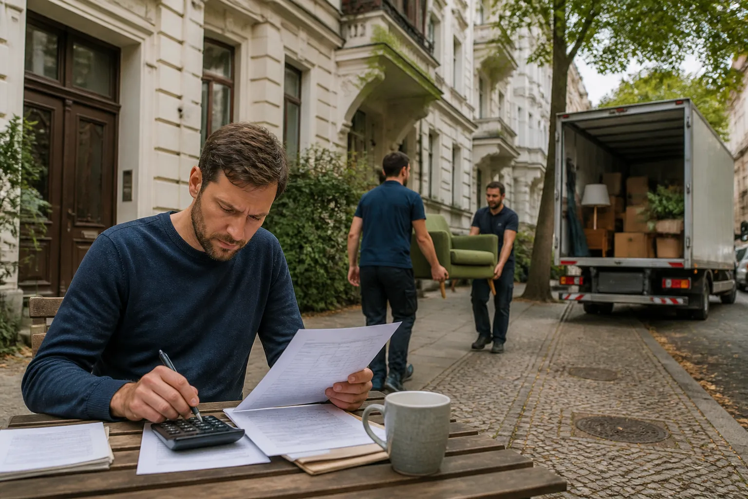 Person berechnet Umzugskosten in Berlin vor einem Altbau mit Umzugs-LKW im Hintergrund