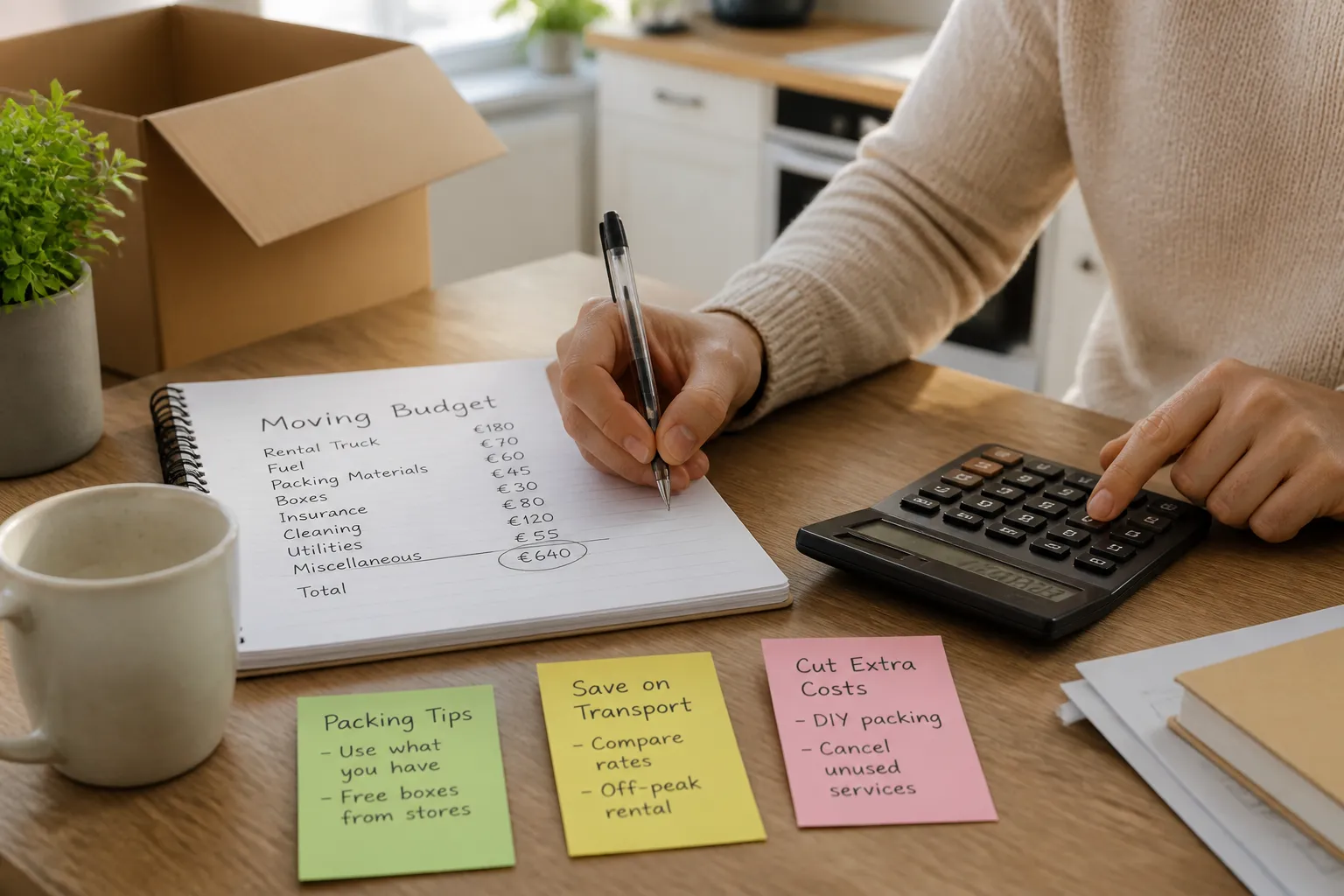 Person plant Umzugskosten mit Taschenrechner und handgeschriebenem Budget auf dem Tisch — Tipps zum Geld sparen beim Umzug