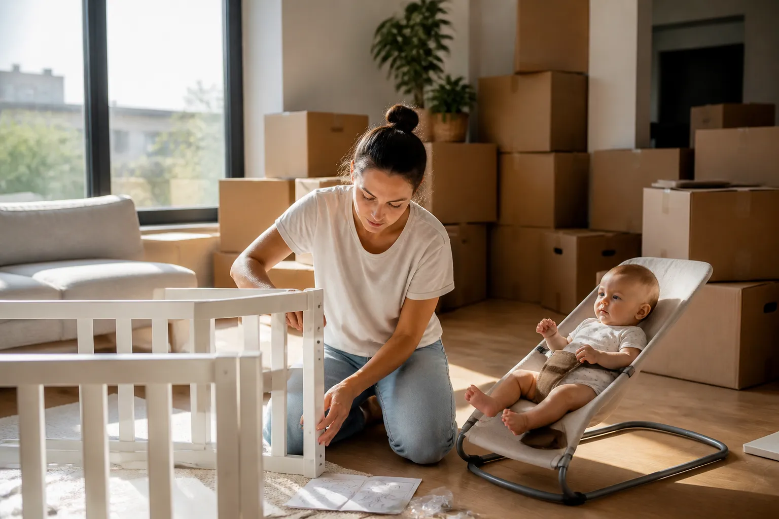 Mutter richtet Babybett in neuer Wohnung ein während Baby im Wippsitz sitzt – Umzug mit Baby Tipps