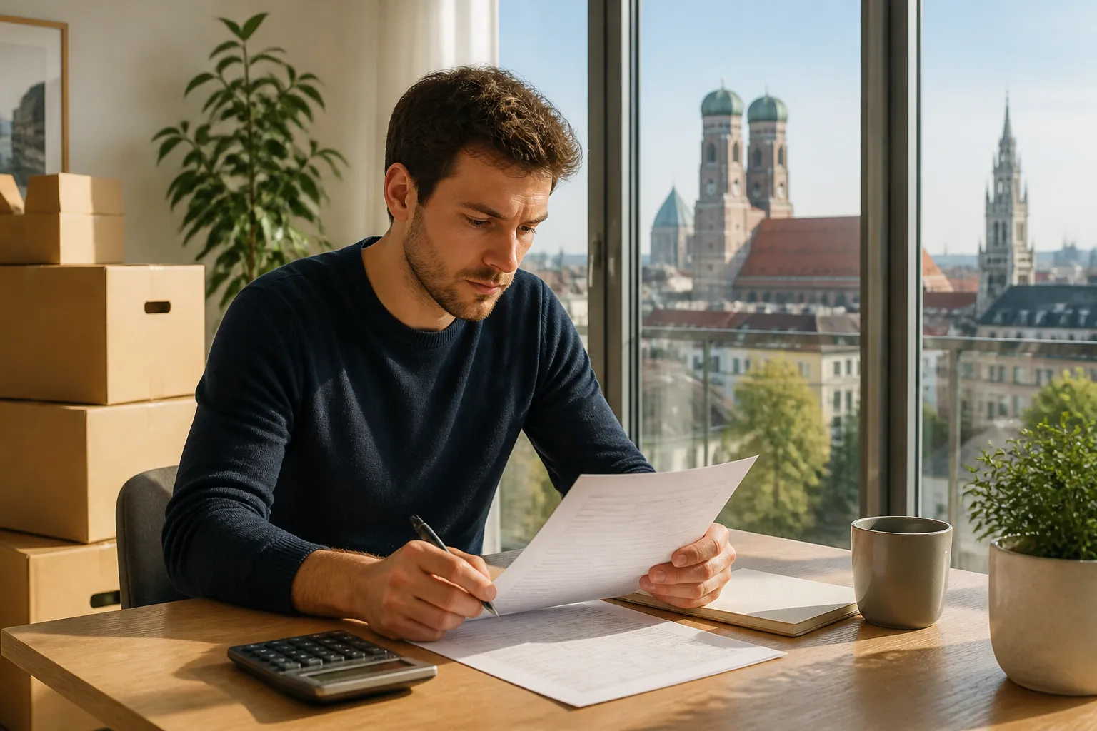 Mann berechnet Umzugskosten in München an einem Tisch mit Taschenrechner und Kostenaufstellung