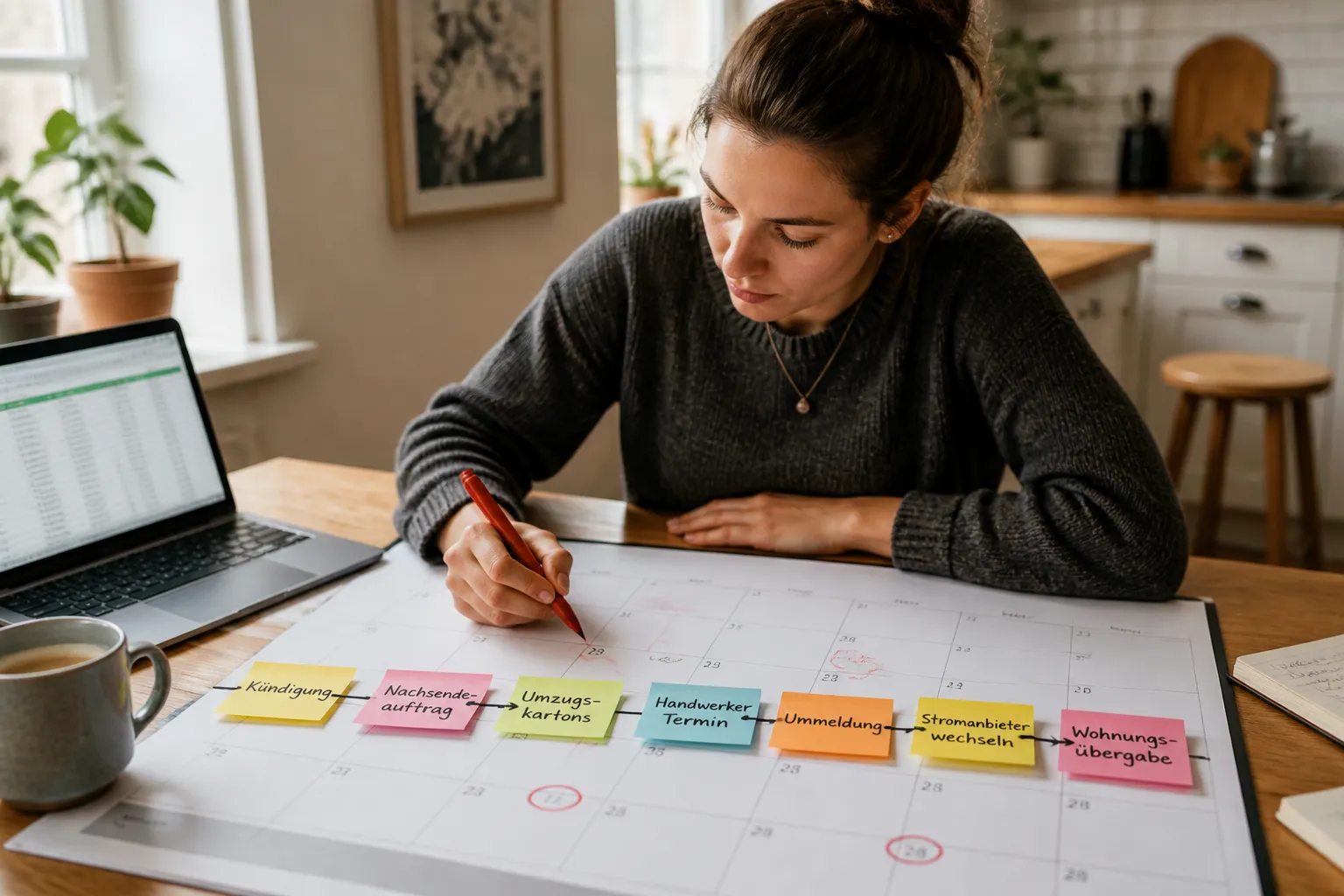 Frau plant Umzug mit Kalender und Zeitleiste auf dem Küchentisch