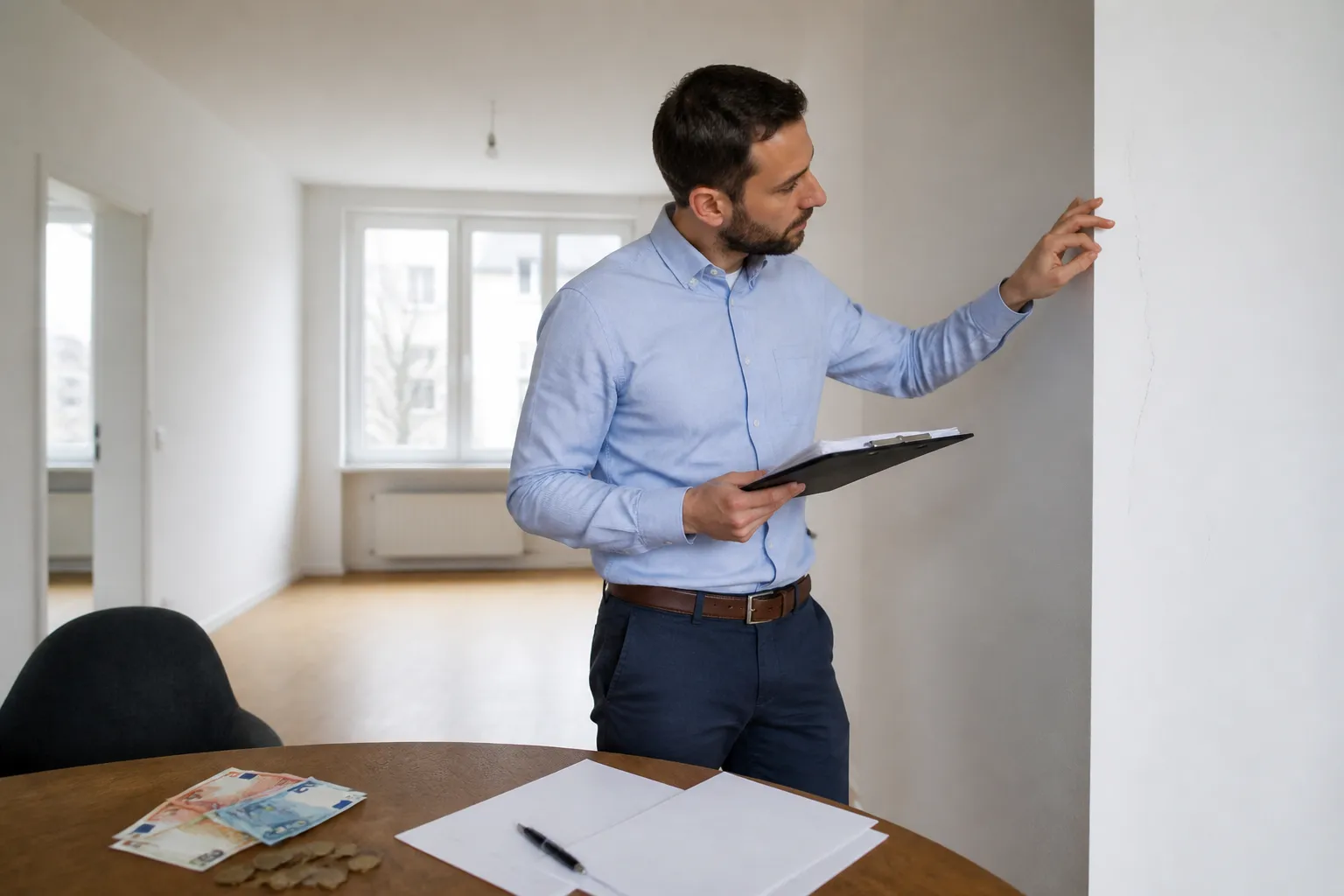 Vermieter prüft Wohnungsschäden nach Auszug des Mieters und hält Kautionsunterlagen in der Hand