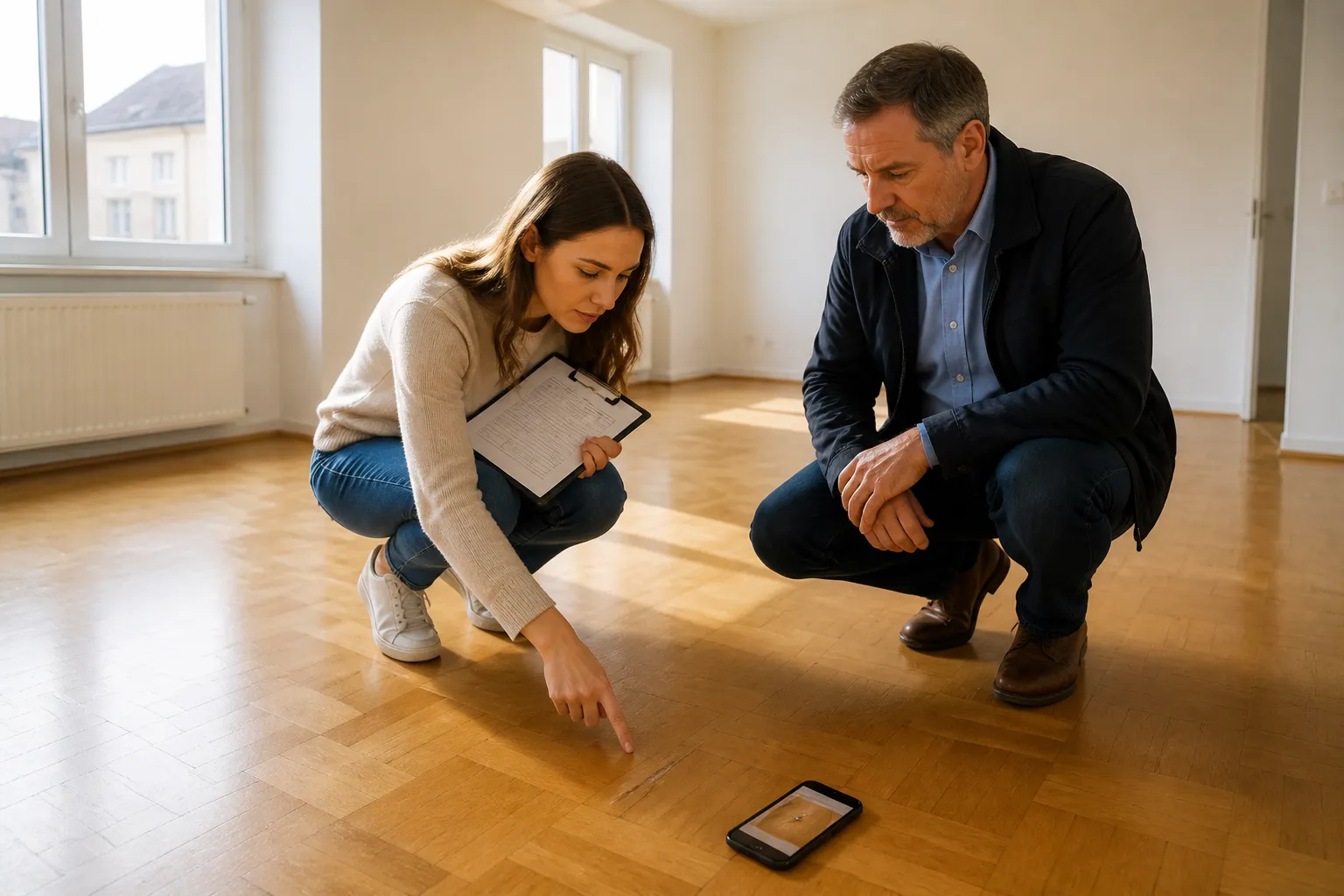 Mieterin und Vermieter begutachten gemeinsam einen Kratzer im Parkett beim Übergabeprotokoll der Wohnungsübergabe